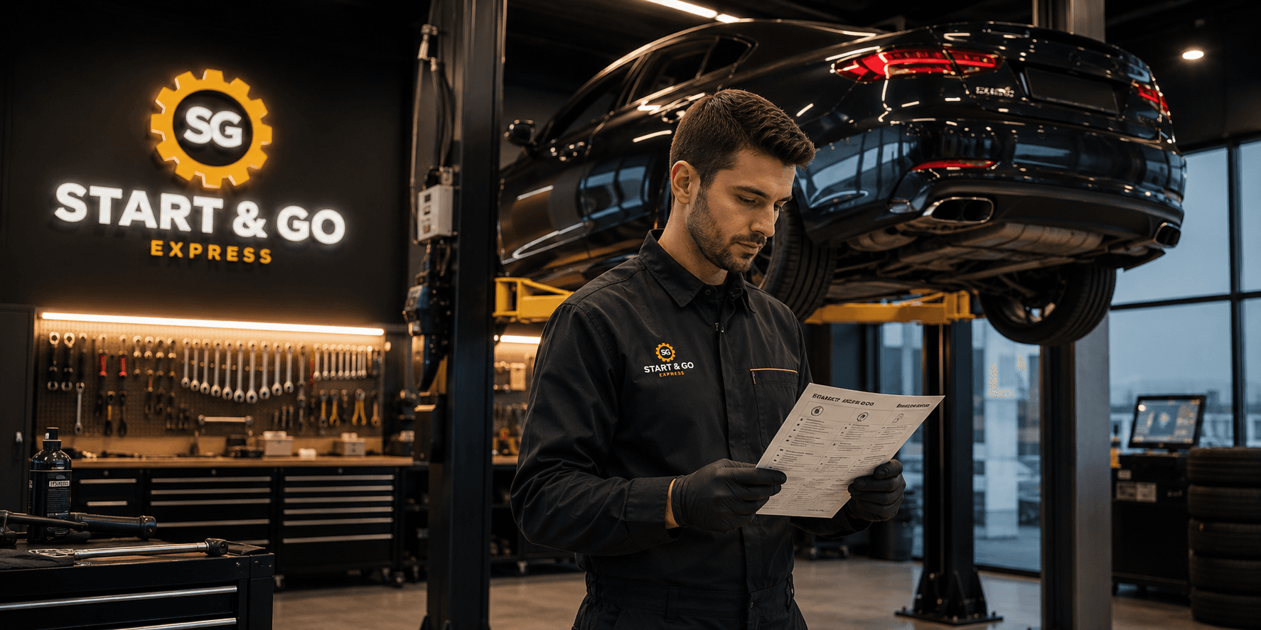 Mécanicien Start & Go Express intervenant sur suspension au pont élévateur
